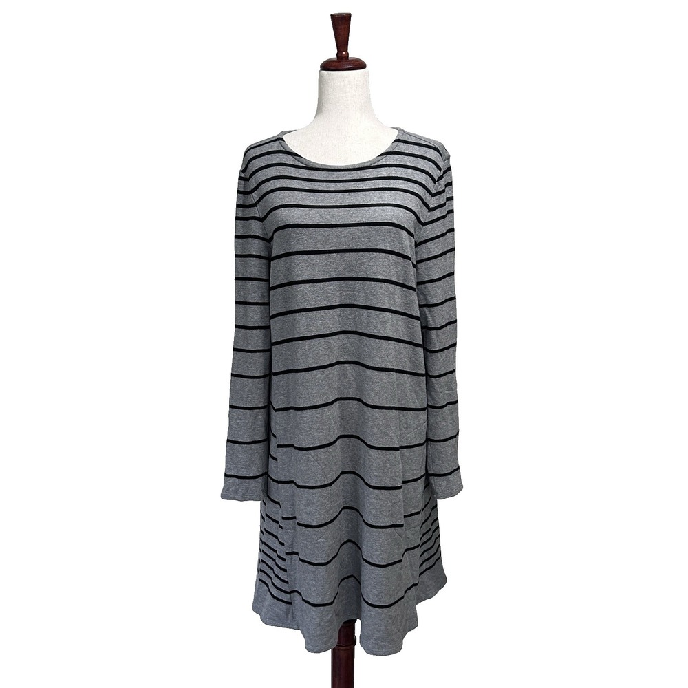 J.Jill J Jill Tunic Dress Large Gray Striped Cotton Tunic Pockets Minimalist